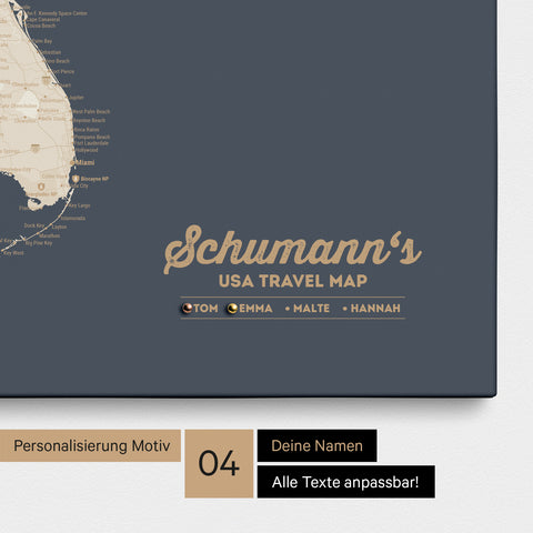 Detaillierte USA Amerika Karte als Pinn-Leinwand in Hale Navy (Dunkelblau Gold) mit Personalisierung als Logo für die gesamte Familie