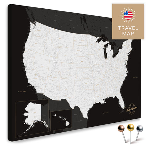 USA Amerika Karte in Schwarz-Weiss mit sehr hohem Detailgrad als Pinnwand Leinwand zum Pinnen und Markieren von Reisezielen kaufen