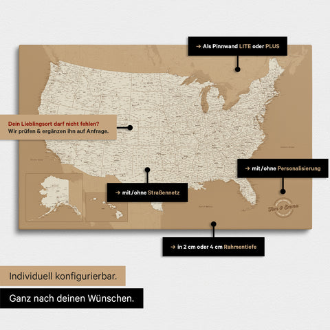 Vielfältige Konfigurationsmöglichkeiten einer USA Amerika Landkarte als Pinn-Leinwand in Farbe Treasure Gold