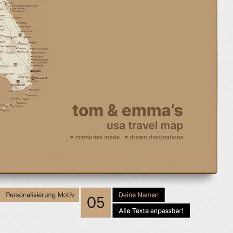 Mapa USA TRAVEL® Canvas z pinezkami – Treasure Gold