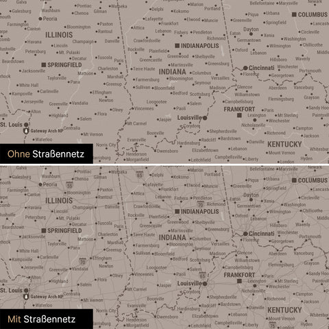 USA America Push Pin Map in Warmgray (Brown-Gray) optionally with the road network of the largest highways and interstates