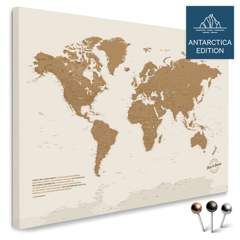 World map with Antarctica in bronze as a pinboard canvas to buy