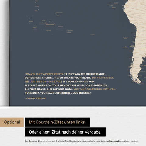 Personalisierbare Weltkarte mit Antarktis in Hale Navy (Dunkelblau Gold) mit Zitat von Anthony Bourdain