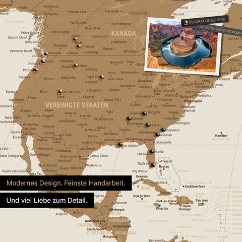 Weltkarte in der Equal-Earth-Projektion als Pinnwand in der Farbe Bronze, auf der Reiseziele in den USA und Kanada mit Pins markiert sind