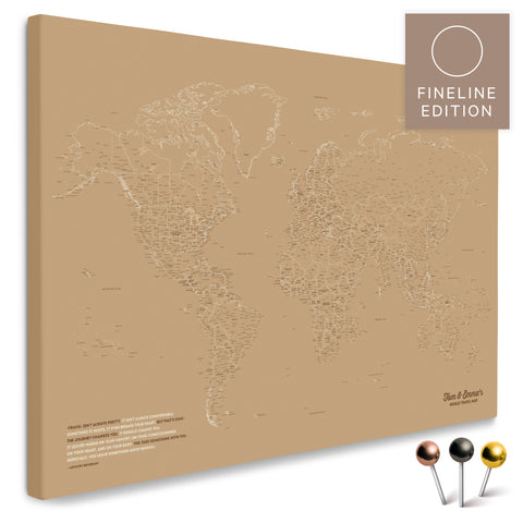 World Map FINELINE as a Pinboard Canvas in Treasure Gold with a delicate, minimalist outline design for marking and planning trips