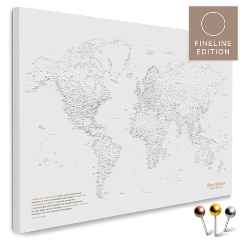 World Map FINELINE as a Pinboard Canvas in Light Black with a delicate, minimalist outline design for marking and planning trips