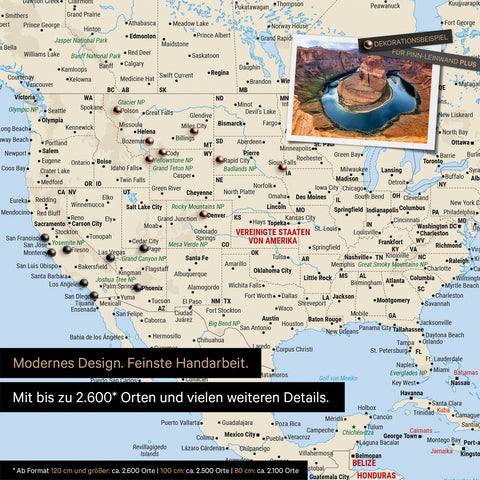 Detailreiche Weltkarte als Pinnwand in Multicolor Classic zur Markierung von bis zu 2.600 Reisezielen in den USA, Kanada und Mexiko, Ideal für die visuelle Darstellung vergangener Reisen und zukünftiger Reisepläne