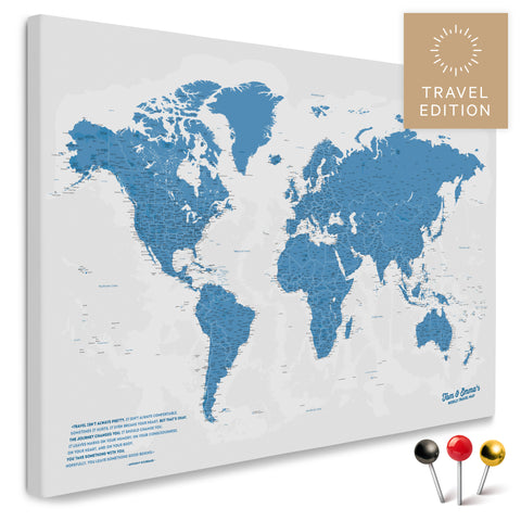 High-quality push pin world map in Blue as a pin board, perfect for tracking and displaying your trips and travel destinations
