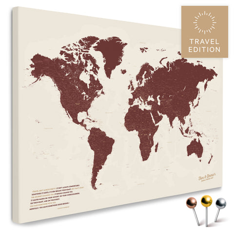 High-quality push pin world map in Bordeaux Red as a pin board, perfect for tracking and displaying your trips and travel destinations