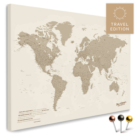 High-quality push pin world map in Desert Sand (Beige) as a pin board, perfect for tracking and displaying your trips and travel destinations