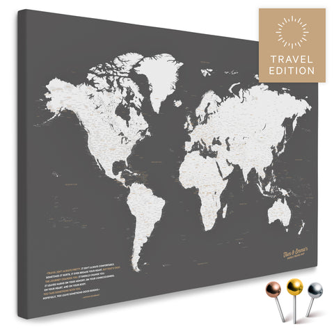 High-quality push pin world map in Darkgray as a pin board, perfect for tracking and displaying your trips and travel destinations