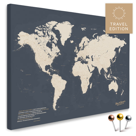 High-quality push pin world map in Hale Navy as a pin board, perfect for tracking and displaying your trips and travel destinations