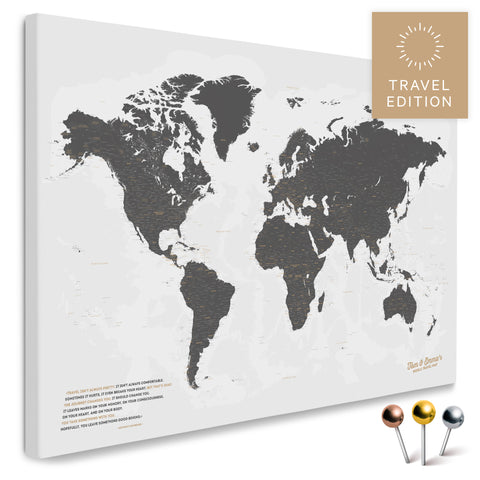 High-quality push pin world map in Light Gray as a pin board, perfect for tracking and displaying your trips and travel destinations