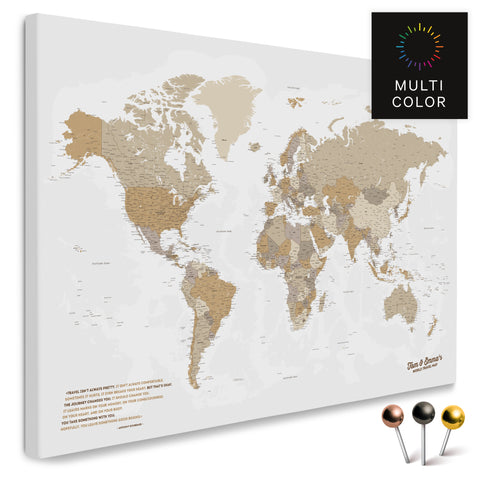 High-quality push pin world map in Multicolor Beige as a pin board, perfect for tracking and displaying your trips and travel destinations