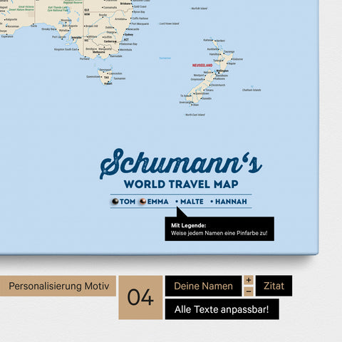 Pinnwand Leinwand einer Weltkarte in Multicolor Atlas mit Personalisierung als Logo mit Familiennamen und Legende