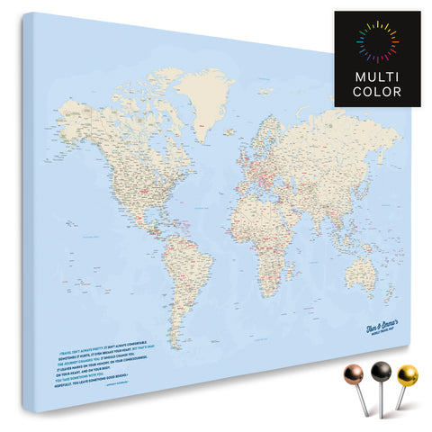 High-quality push pin world map in Multicolor Classic as a pin board, perfect for tracking and displaying your trips and travel destinations