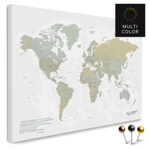 High-quality world map in multicolor sage as a pin canvas, perfect for marking and planning trips, buy