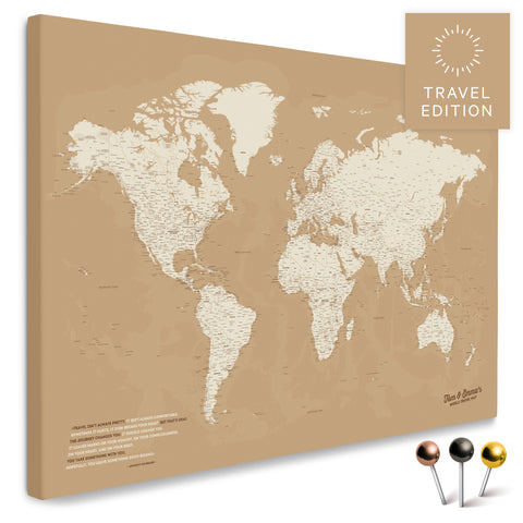 High-quality push pin world map in Treasure Gold as a pin board, perfect for tracking and displaying your trips and travel destinations