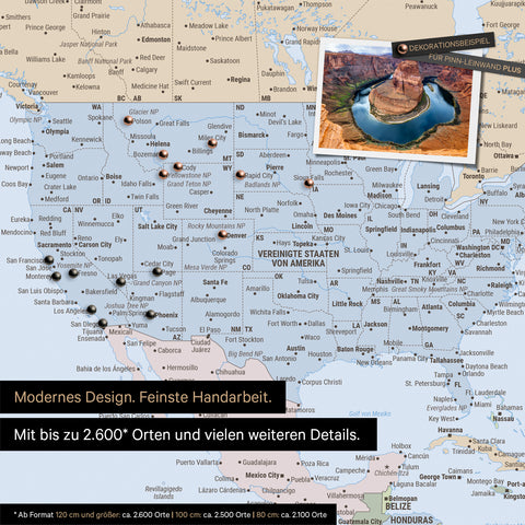 Detailed political push pin world map for marking up to 2,600 travel destinations in the USA, Canada and Mexico, ideal for visual representation of past trips and future travel plans