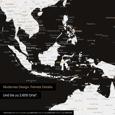 Section of a world map poster in black and white showing maps of Asia