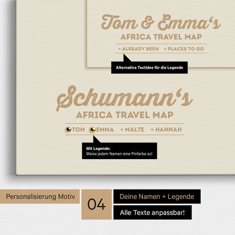 Pinnwand Leinwand einer Afrika-Karte in Navy Light mit Personalisierung als Logo mit Familiennamen und Legende
