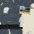 Detailreiche Afrika-Karte als Pinnwand in Navy Light zur Markierung von 2.500 Reisezielen in Tansania, Kenia und vielen anderen afrikanischen Ländern – ideal für die Markierung vergangener Reisen und zukünftiger Reisepläne