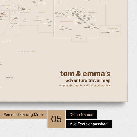 Mapa Australii i Oceanii TRAVEL® Canvas z pinezkami – Bronze