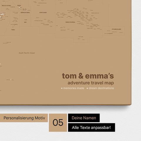 Mapa Australii i Oceanii TRAVEL® Canvas z pinezkami – Treasure Gold