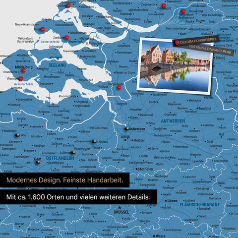 Benelux map in blue as a canvas for pinning shows a section of Zealand, East Flanders, and Antwerp with many details such as national parks, rivers, and numerous small towns and cities, some of which are marked with pins
