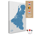 Benelux map with the Netherlands, Belgium, and Luxembourg in blue color in a modern, minimalist design as a canvas for pinning trips and places