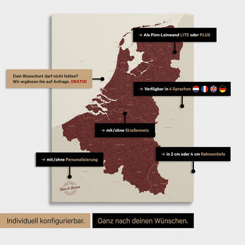 Benelux Push Pin Map TRAVEL® – Bordeaux Red