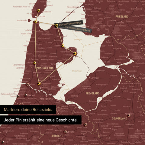 Modern Benelux map in the color Bordeaux red as a Push Pin Map shows a section of North Holland and Utrecht, where already visited travel destinations are marked with pins