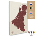 Benelux map with the Netherlands, Belgium, and Luxembourg in Bordeaux red color in a modern, minimalist design as a canvas for pinning trips and places