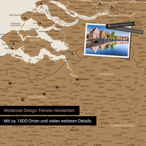 Benelux map in bronze as a canvas for pinning shows a section of Zealand, East Flanders, and Antwerp with many details such as national parks, rivers, and numerous small towns and cities, some of which are marked with pins