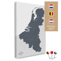 Benelux map with the Netherlands, Belgium, and Luxembourg in the color Denim Blue in a modern, minimalist design as a canvas for pinning travels and places