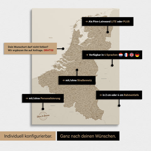 Benelux Push Pin Map TRAVEL® – Desert Sand
