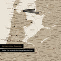 Modern Benelux map in the color Desert Sand as a Push Pin Map shows a section of North Holland and Utrecht, where already visited travel destinations are marked with pins