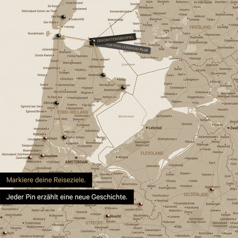 Modern Benelux map in the color Desert Sand as a Push Pin Map shows a section of North Holland and Utrecht, where already visited travel destinations are marked with pins