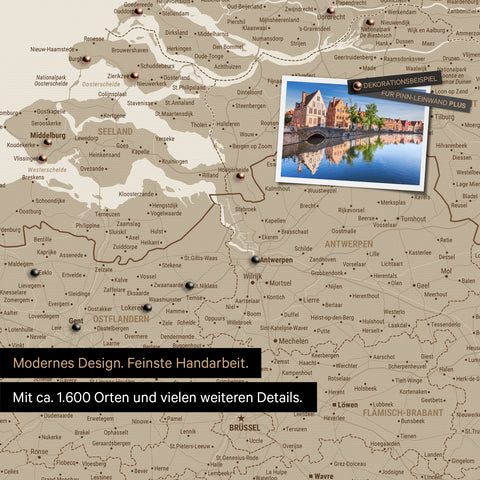Benelux map in Desert Sand as a canvas for pinning shows a section of Zealand, East Flanders, and Antwerp with many details such as national parks, rivers, and numerous small towns and cities, some of which are marked with pins