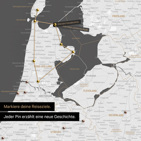 Modern Benelux map in the color dark gray as a Push Pin Map shows a section of North Holland and Utrecht, where already visited travel destinations are marked with pins