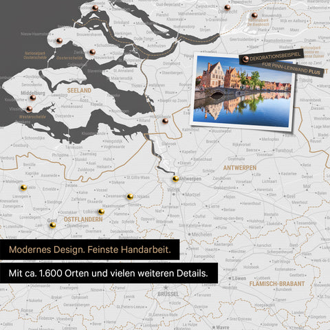 Benelux map in dark gray as a canvas for pinning shows a section of Zealand, East Flanders, and Antwerp with many details such as national parks, rivers, and numerous small towns and cities, some of which are marked with pins