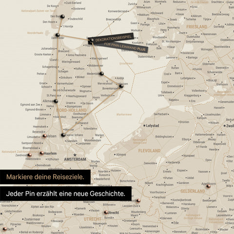 Modern Benelux map in gold color as a Push Pin Map shows a section of North Holland and Utrecht, where already visited travel destinations are marked with pins