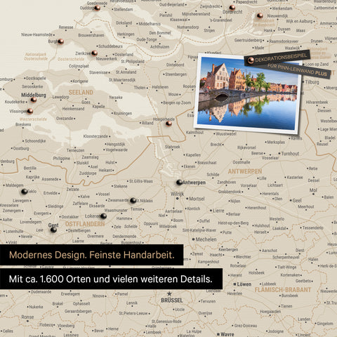 Benelux map in gold as a canvas for pinning shows a section of Zealand, East Flanders, and Antwerp with many details such as national parks, rivers, and numerous small towns and cities, some of which are marked with pins