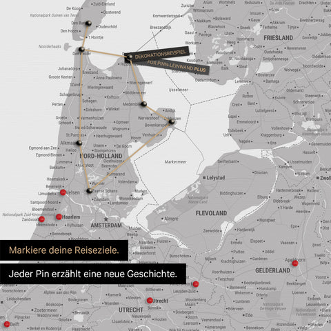 Modern Benelux map in the color Coolgray as a Push Pin Map shows a section of North Holland and Utrecht, where already visited travel destinations are marked with pins