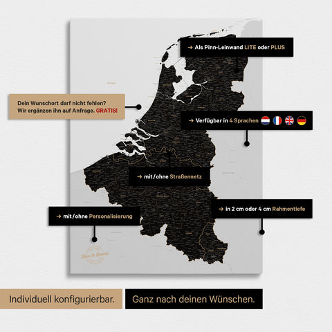 Benelux Push Pin Map TRAVEL® – Light Black