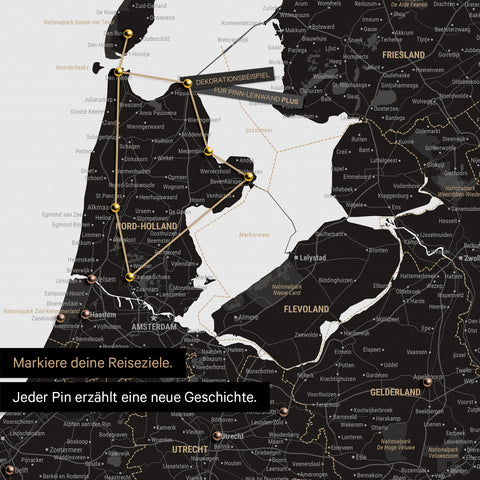 Modern Benelux map in the color Light Black as a Push Pin Map shows a section of North Holland and Utrecht, where already visited travel destinations are marked with pins