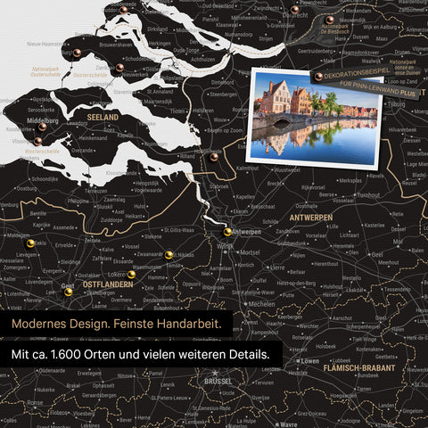 Benelux map in Light Black as a canvas for pinning shows a section of Zealand, East Flanders, and Antwerp with many details such as national parks, rivers, and numerous small towns and cities, some of which are marked with pins