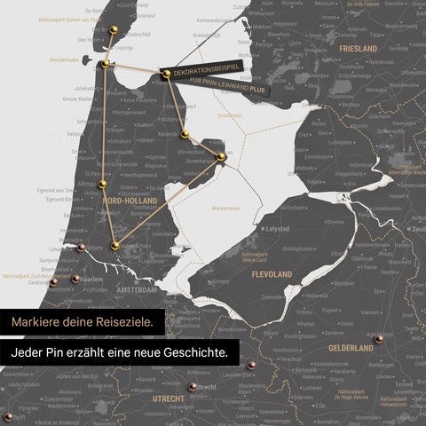 Modern Benelux map in the color Light Gray as a Push Pin Map shows a section of North Holland and Utrecht, where already visited travel destinations are marked with pins