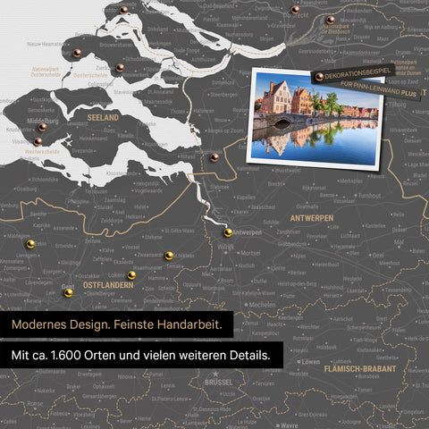 Benelux map in light gray as a canvas for pinning shows a section of Zealand, East Flanders, and Antwerp with many details such as national parks, rivers, and numerous small towns and cities, some of which are marked with pins