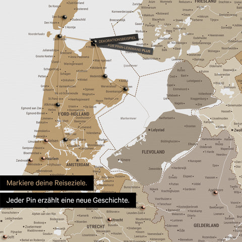 Modern Benelux map in the color multicolor beige as a Push Pin Map shows a section of North Holland and Utrecht, where already visited travel destinations are marked with pins